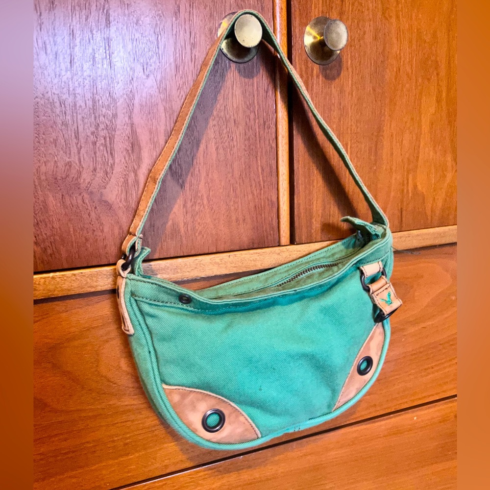 VTG Y2K American Eagle Green Canvas Shoulder Purse w/tan leather strap & trim